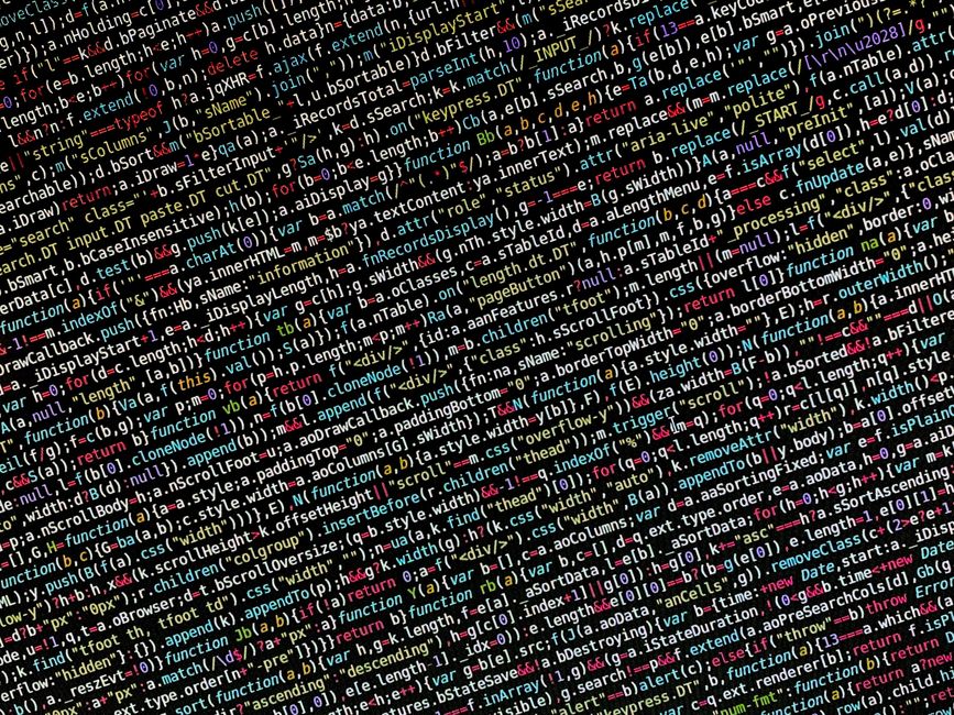 The image displays a dense overlay of computer code with multicolored syntax highlighting, including keywords, variables, functions, and symbols, on a dark background. The text includes various progra